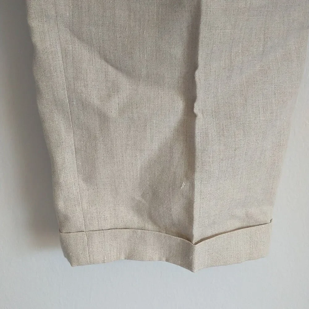 Grant Thomas Pants Trousers Mens 36x32 Beige Linen Slacks Cuffed Pleated